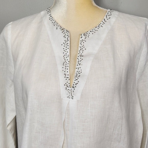 Eileen Fisher Tops - Eileen Fisher Tunic Womens M White 100% Irish Linen with Sequins classic summery